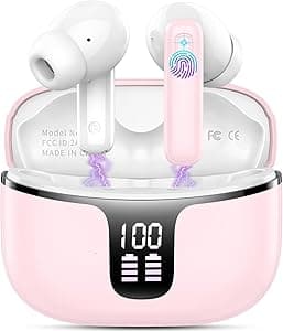 Cuffie Bluetooth, 2025 Auricolari Bluetooth 5.3 con HD Mic Stereo HiFi, Cuffie Wireless In Ear 40H LED Display Cuffiette Sport IP7 Impermeabili Touch Control Auricolari Senza Fili per Android/iOS Pink