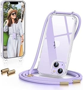 GOODVISH Cover Trasparente con Cordino per iPhone 14 6.1", Custodia con Regolabile Laccio Tracolla, [Antiurto] [AntiGraffio] [Antiscivolo] Case con Collana, Viola