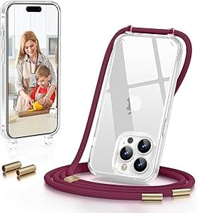 GOODVISH Cover Trasparente con Cordino per iPhone 14 Pro 6.1", Custodia con Regolabile Laccio Tracolla, [Antiurto] [AntiGraffio] [Antiscivolo] Case con Collana, Rosso vino
