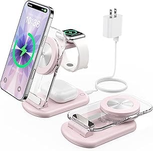 Stazione di ricarica wireless 3 in 1, supporto di ricarica rapido da viaggio, con luce notturna per serie 15, 14, 13, 12, rosa chiaro