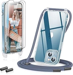 GOODVISH Cover Trasparente con Cordino per iPhone 13 6.1'', con 2 Pezzi di Pellicola Protettiva, Custodia con Regolabile Laccio Tracolla, [Antiurto] [AntiGraffio] Case con Collana, Blu