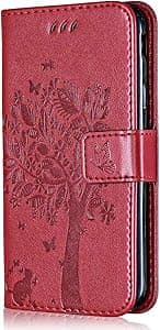 Conber Cover per Samsung Galaxy Note 8, Custodia in Pelle PU con Interno TPU Antiurto, Serie Gatto e Albero Flip Case Cover Custodia Portafoglio per Samsung Galaxy Note 8 - Rosso