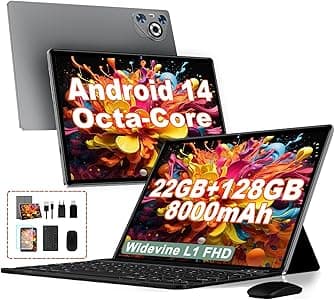 2025 Tablet 10 pollici Android 14, 22GB RAM 128GB ROM/TF 1TB, Processore Octa-Core, 8000mAh, Corpo in Metallo, Face ID, 8MP+5MP, Doppio WiFi, Widevine L1, Protezione Occhi, Tastiera, Mouse, Gray