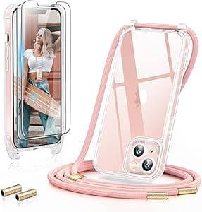 GOODVISH Cover Trasparente con Cordino per iPhone 13 6.1'', con 2 Pezzi di Pellicola Protettiva, Custodia con Regolabile Laccio Tracolla, [Antiurto] [AntiGraffio] Case con Collana, Rosa