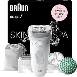 Braun Silk-épil 7 SkinSpa Depilatore Donna, Epilatore Elettrico Donna Con Testina Ampia Per Una Epilazione Facile, Wet & Dry, Pelle Liscia a Lungo, Kit Tutto-In-Uno, 7-081, Bianco/Argento