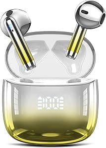 Cuffie Bluetooth, Auricolari Bluetooth 5.3 Incorporato Driver da 13mm, Cuffie Wireless con Bassi Icmmersivi, IP7 Impermeabili Cuffiette Bluetooth, 40H Cuffie Senza Fili con Display LED, Giallo