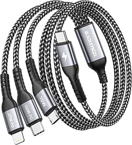 BLACKSYNCZE 100W Multi Cavo di Ricarica [1.2M] Cavo Ricarica Multiplo, USB C a USB C PD[100W]+USBC a Lightning[27W]+USBC a Micro[10W] per iPhone 15/14, Galaxy S24/S23, Pad Pro/Air, MacBook, Pixel