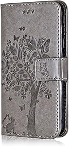 Conber Cover per Samsung Galaxy A71, Custodia in Pelle PU con Interno TPU Antiurto, Serie Gatto e Albero Flip Case Cover Custodia Portafoglio per Samsung Galaxy A71 - Grigio